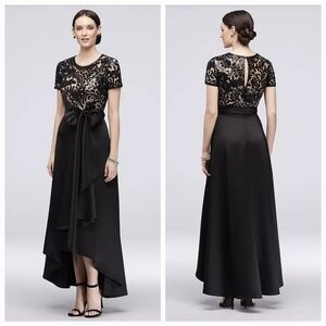 R&M Richards Black Satin & Sequined Lace A-Line High-Low Maxi Dress